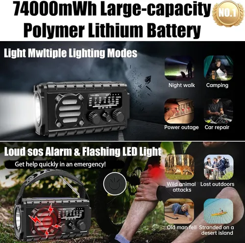 Vista 4 de Radio de emergencia con manivela de 20000 mAh, radio meteorológica SW/NOAA/AM/FM, cargador de manivela alimentado por energía solar con batería