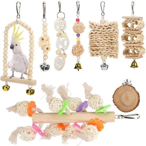 Vista 6 de Natural Wooden Parrot and Bird Toys Set Climbing Chew Toys 8 Pack with Swing Cage