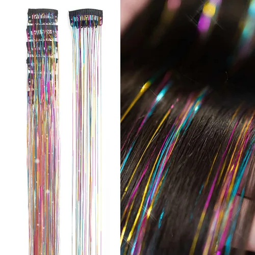 Vista 16 de Extensiones de oropel para el cabello con clip Bronce con reflejos para el cabello 52 cm 6 piezas, cabello de hada multicolor, oropel sintético