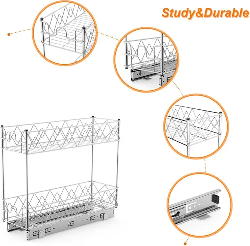 Vista 5 de Organizador estrecho de gabinete extraíble – 7 pulgadas de ancho x 21 pulgadas de profundidad, 2 niveles para cajones de cocina, estantes