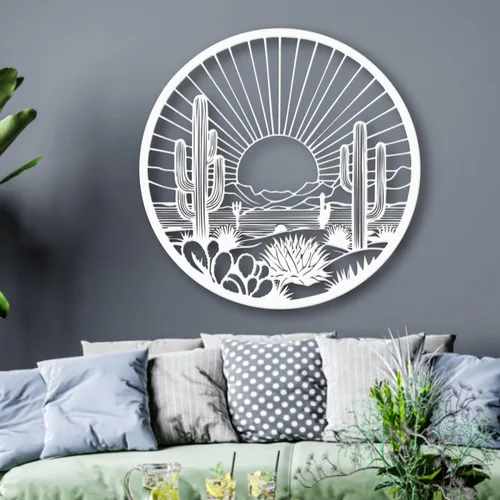 Vista 7 de Arte de pared de metal de cactus del desierto, decoración de pared redonda del desierto con diseño de cactus y puesta de sol, arte de pared de metal