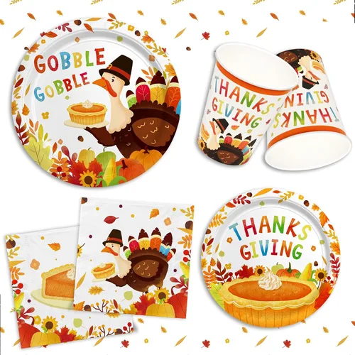 Vista 3 de Kit de suministros para fiesta de Acción de Gracias con pavo de Gatherfun - Set de vajilla desechable con temática de otoño con platos, servilletas