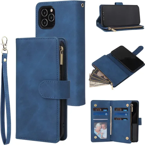 Vista 13 de UEEBAI Funda tipo cartera para iPhone 12/iPhone 12 Pro, funda de cuero PU con cierre magnético Bolso con cremallera Estuche de bolsillo con Negro