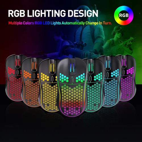 Vista 5 de JYCSTE Ratón inalámbrico para juegos, mouse ergonómico de computadora recargable, diseño de panal con retroiluminación RGB, receptor USB, 6 botones