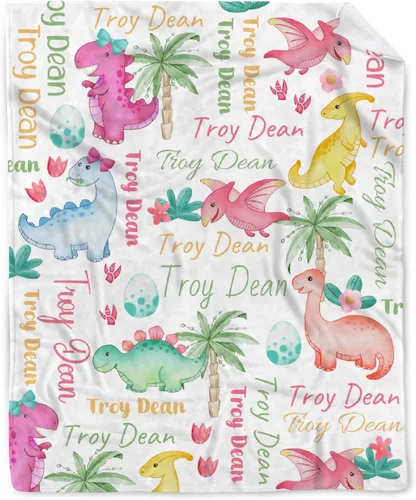 Vista 30 de Manta de regalo personalizada de dinosaurio con nombre para niñas, niños, recién nacidos, dinosaurio, manta personalizada para envolver al bebé