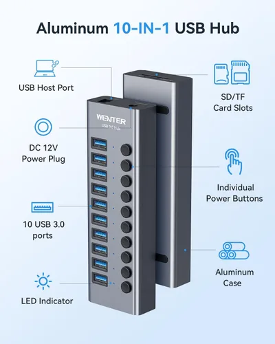Vista 2 de Hub USB 3.0 alimentado, Wenter 10 puertos 36 W alimentado USB Hub, divisor USB de aluminio con interruptores individuales de encendido/apagado