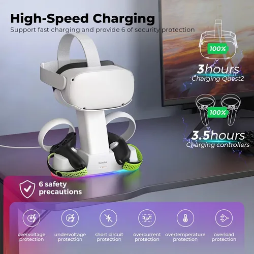 Vista 2 de Gamulus Base de carga RGB para Meta Quest 2, controlador de soporte con agarres, auriculares y controladores, soporte de estación de carga magnética