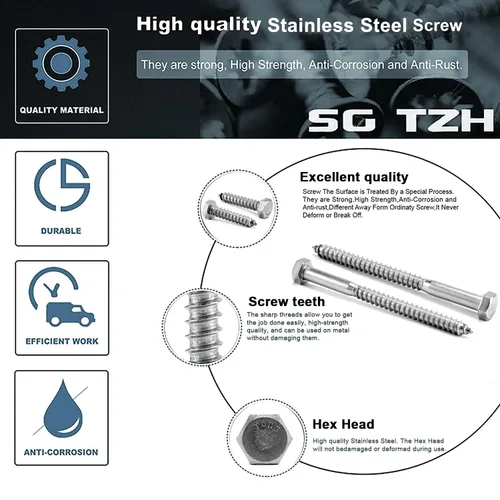 Vista 4 de Tornillos de cabeza hexagonal de 1/2" x 2" con rosca parcial, 10 piezas de acero inoxidable 304 18-8, tornillos hexagonales para madera de SG TZH