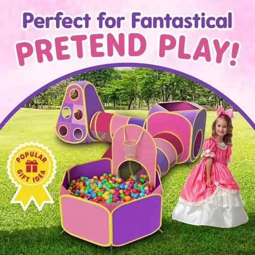 Vista 3 de Playz 200 mini bolas de plástico suave en 8 colores y Playz 5 piezas Pop Up Play Carpa, túneles de arrastre y aro de baloncesto