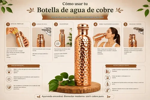 Vista 3 de Botella de agua de cobre puro para beber, extra grande de 34 onzas de boca ancha, botella de agua de cobre ayurvédico de panal de abeja, recipiente