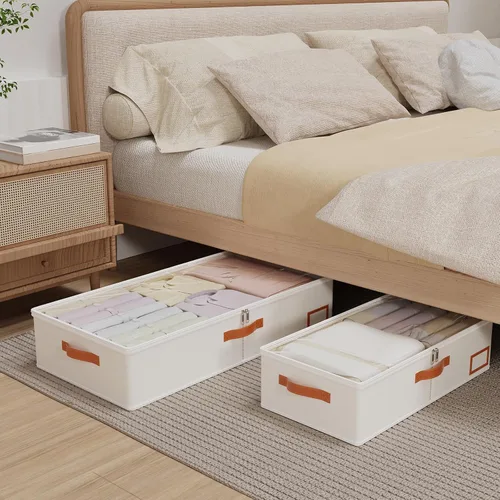 Vista 3 de Yawinhe Almacenamiento debajo de la cama, paquete de 2 organizadores de armario, bolsas plegables para contenedores, con ranura para tarjeta de Beige