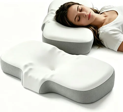 Vista 7 de Almohada ergonómica cervical de espuma viscoelástica para aliviar el dolor de cuello, ajuste para dormir de lado, espalda y estómago con funda Azul