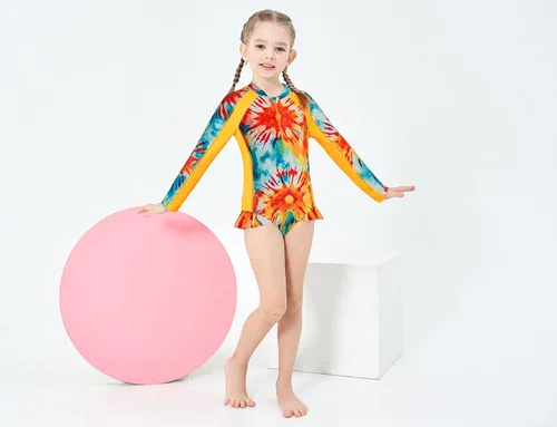 Vista 5 de JACK SMITH Traje de baño de una pieza para niñas, de manga larga, con volantes, protección solar, 6-12 años