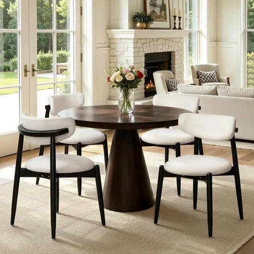 Vista 18 de CHUN YI Juego de 2 sillas de comedor tapizadas de madera maciza, sillas auxiliares de cocina de tela moderna de mediados de siglo con respaldo Beige