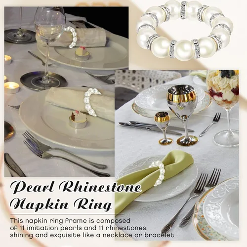 Vista 4 de 50 servilleteros de perlas – plata elástica estirada con diamantes de imitación de serviette hebilla de resorte con cuentas para fiesta de Acción