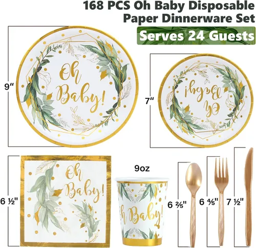 Vista 4 de Decoraciones de baby shower verde salvia, juego de vajilla neutral para fiesta de Oh Baby; platos de 9 pulgadas, platos de 7 pulgadas, servilletas