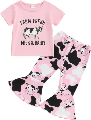 Vista 92 de fhutpw Conjunto de camiseta de manga corta con estampado de vaca y pantalones acampanados de dibujos animados para niñas