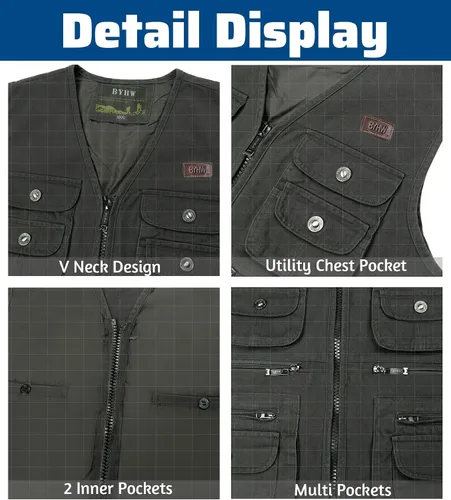 Vista 4 de Chaleco de pesca para hombre con múltiples bolsillos, sin mangas, chaleco de caza, safari, viajes, al aire libre, chaleco casual