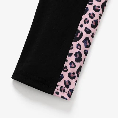 Vista 5 de PATPAT Conjunto de 2 piezas para niñas, camiseta de bloque de color de leopardo, camiseta de cuello redondo, leggings negros, pantalones deportivos