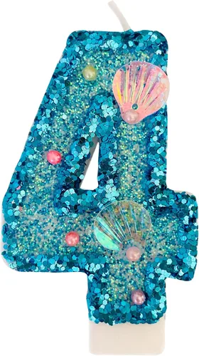 Vista 12 de Vela de número azul, velas de número con lentejuelas en forma de concha para pasteles de cumpleaños, suministros para fiestas con temática