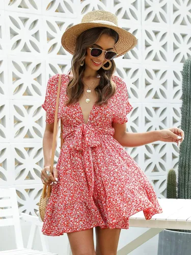 Vista 4 de Floerns Vestido corto de línea A con cuello profundo y nudo frontal para mujer