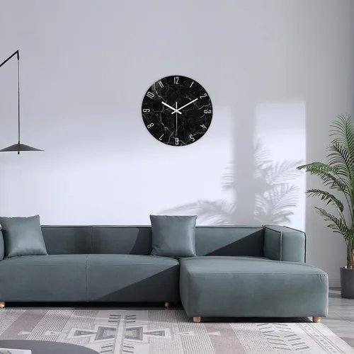 Vista 4 de Relojes de pared minimalistas negros para sala de estar, relojes de pared con patrón de mármol de vidrio, funciona con pilas, reloj de pared