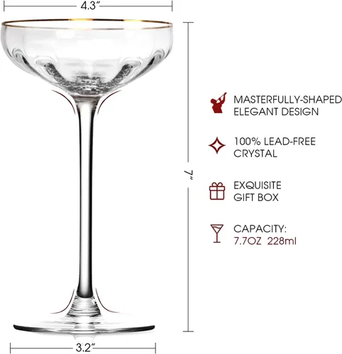 Vista 2 de Juego de 2 vasos de Martini de 7.7 onzas, borde dorado Hand Blown Crystal Champagne Coupe, Tall Stemmed Cocktail Glasses, Perfect for Bar