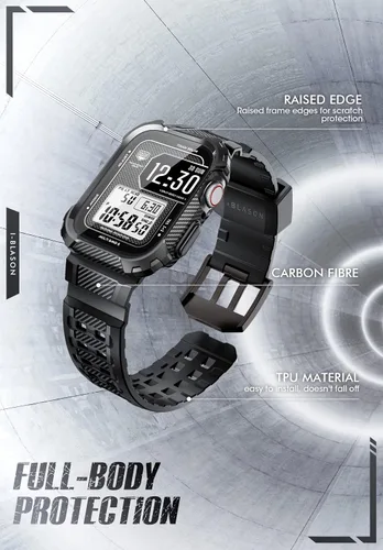 Vista 3 de i-Blason Correa deportiva de poliuretano termoplástico transpirable a prueba de golpes para Apple Watch 9, 8, 7 (1.772 in) con 2 fundas rígidas Negro