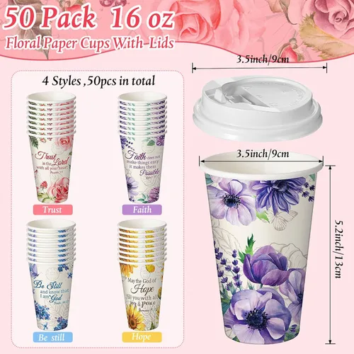 Vista 2 de Dandat 50 tazas de café desechables cristianas con tapas, tazas de papel de 16 onzas con texto en inglés "Floral Tea Scripture" a granel, vasos