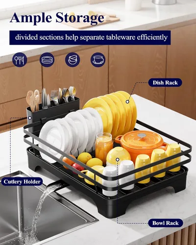 Vista 2 de Kitsure - Escurridor multifuncional para platos, 15.7 x 12.0 x 5.5 pulgadas, color negro Dish Rack for Kitchen Counter with Cutlery Holder