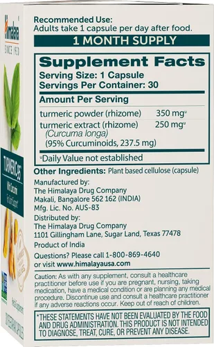 Vista 2 de Himalaya Suplemento de cúrcuma 95 con curcumina/curcuminoides, apoyo articular y muscular, flexibilidad y movilidad óptimas, 600 mg, sin OMG