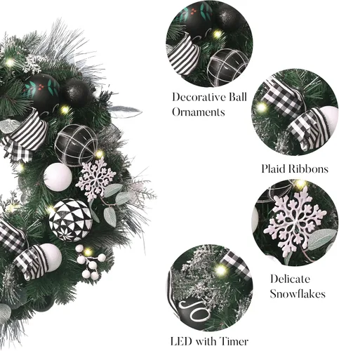 Vista 5 de Valery Madelyn Corona de Navidad preiluminada de 24 pulgadas para puerta delantera con luz, corona de Navidad plegable iluminada al aire libre