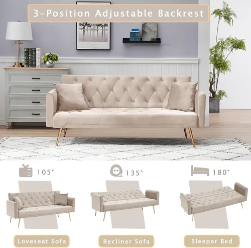 Vista 5 de Sofá cama futón de terciopelo con 2 almohadas, sofá cama convertible con respaldo ajustable de 3 ángulos, sofá biplaza moderno con 4 patas de metal