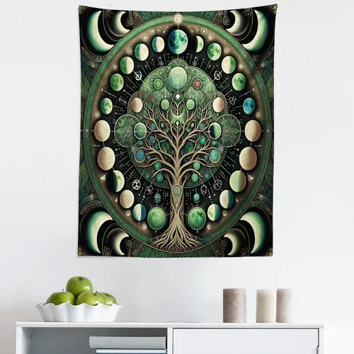 Vista 161 de Ambesonne Tapiz verde, fases lunares alrededor de un árbol de la vida, impresión de diseño bohemio de astrología nocturna, decoración de tela