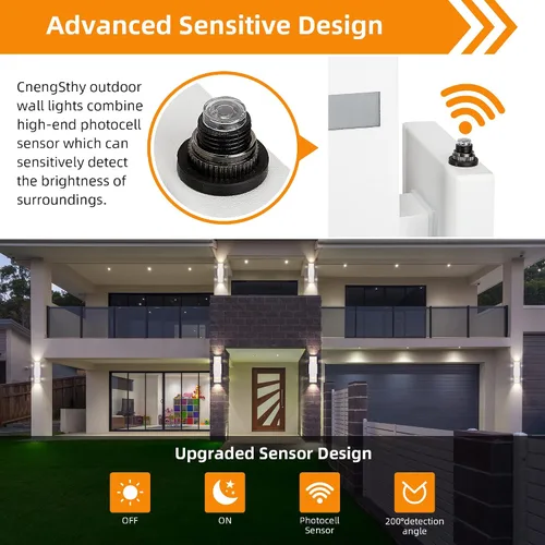 Vista 6 de Luces de pared para exteriores con sensor de anochecer a amanecer, paquete de 2, de aluminio, moderno, impermeable, cilíndrico, cuadrado, farol