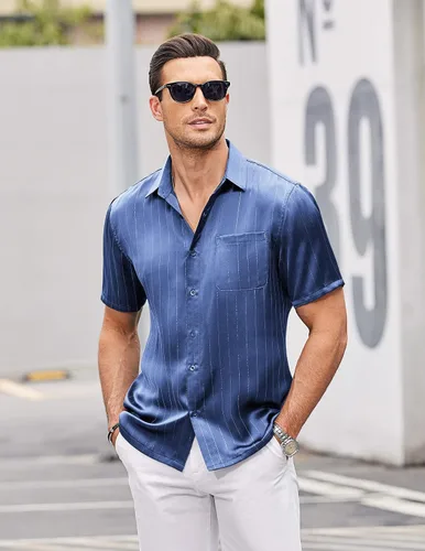 Vista 2 de COOFANDY Camisas de vestir de seda de manga corta para hombre, camisas casuales de satén con botones y bolsillo, para fiesta, graduación, boda