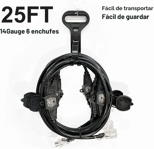 Vista 2 de Cable de Extensión de Corriente de 25 Pies con 3 Clavijas, Cable SJTW Calibre 12 5-15R de Enchufe Macho a Conector Hembra, 7 Tomacorrientes