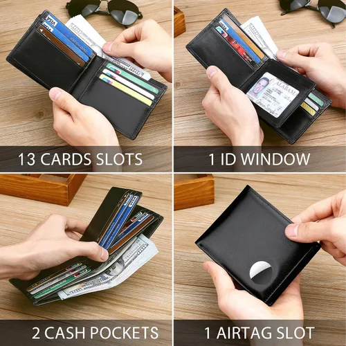 Vista 50 de Swallowmall AirTag Billetera para hombre con bloqueo RFID, de piel auténtica, plegable, para AirTag con 1 ventana de identificación, 13 tarjeteros