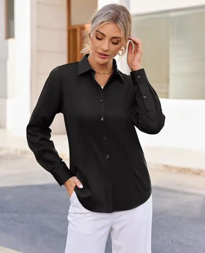 Vista 3 de siliteelon Camisas con botones para mujer, con protección contra manchas, de manga larga, sin arrugas, blusas de oficina