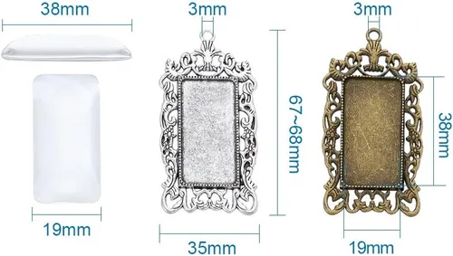 Vista 3 de KISSITTY 10 piezas de bandeja colgante rectangular de bronce plateado antiguo en blanco con 10 piezas de azulejos de cúpula de vidrio transparente