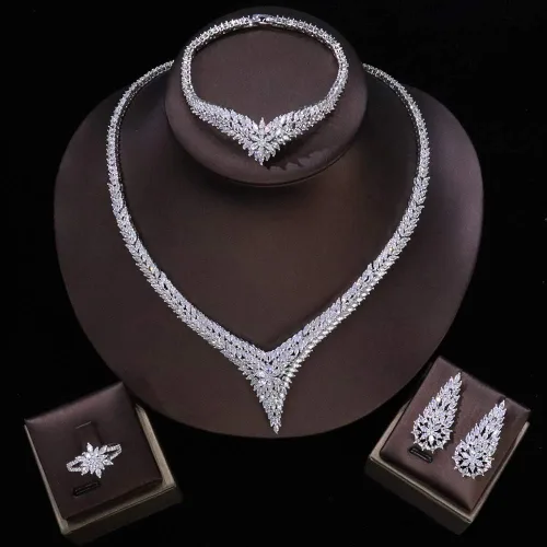 Vista 3 de Jorsnovs Juego de 4 piezas de joyería árabe india de Dubai para mujer, novia, circonita cúbica, collar, aretes, pulsera, juego de anillos abiertos