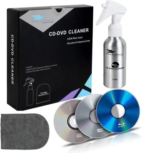 Vista 2 de Solución limpiador de CD DVD líquido en aerosol, kit de limpieza de disco compacto premium con guante de microfibra antiestático de 4 onzas