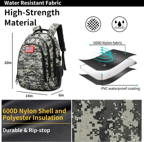 Vista 4 de Mochila de camuflaje, pequeña mochila táctica para exteriores, mochilas militares para niños adolescentes para la escuela con puerto de carga USB