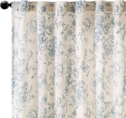 Vista 8 de Jinchan Cortinas de Mezcla de Lino con Estampado Floral para Sala de Estar, 84 Pulgadas de Largo, Cortinas con Bolsillo para Varilla y Tab Trasera