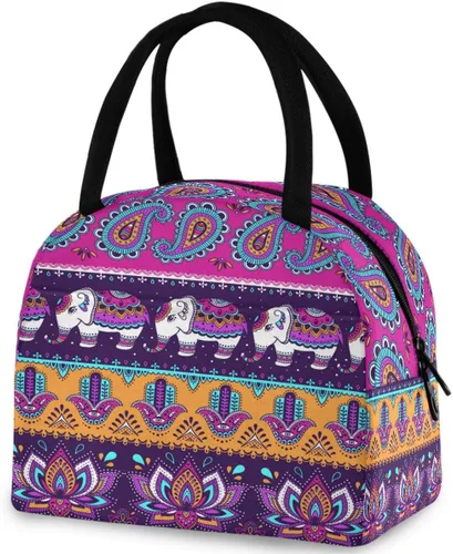 Vista 32 de Bolsa de almuerzo reutilizable con diseño de panal de abeja vintage, con bolsillo frontal, cierre de cremallera, bolsa térmica térmica