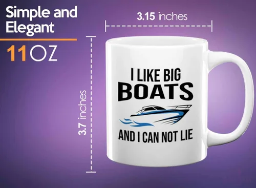 Vista 5 de Taza de café Boat Lover de 11 onzas, color blanco, con texto en inglés "I like Big Boats" (I like Big Boats), para amantes del lago, amante del mar