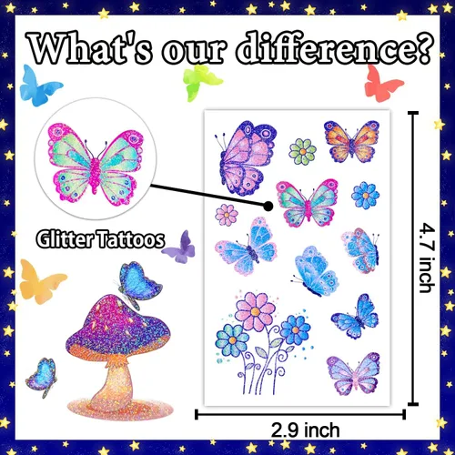 Vista 3 de Leesgel Tatuajes temporales para niños y mujeres, calcomanías de tatuaje con purpurina para recuerdos de fiesta, premios para aula, dulce o truco