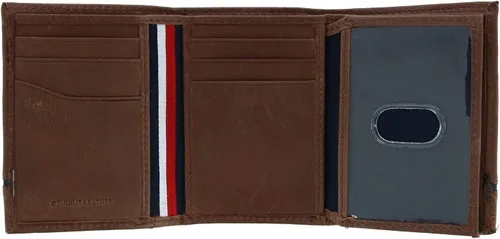 Vista 3 de Tommy Hilfiger Cartera de cuero Leif RFID triple con doble identificación para hombre, Marrón, Trifold