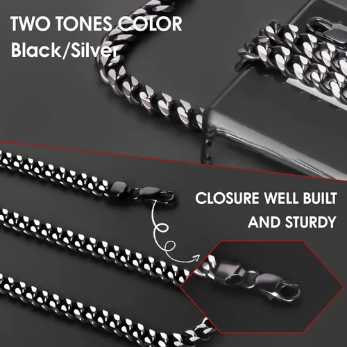 Vista 2 de Cadena italiana de eslabones cubanos de dos tonos para hombres y mujeres de 0.1560.39 pulgadas - Cadena de plata negra, azuldorada para hombre