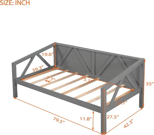 Vista 2 de Merax Marco de cama de día de madera de granja con soporte de listones de madera, sofá cama con patas resistentes, no necesita somier, tamaño Gris